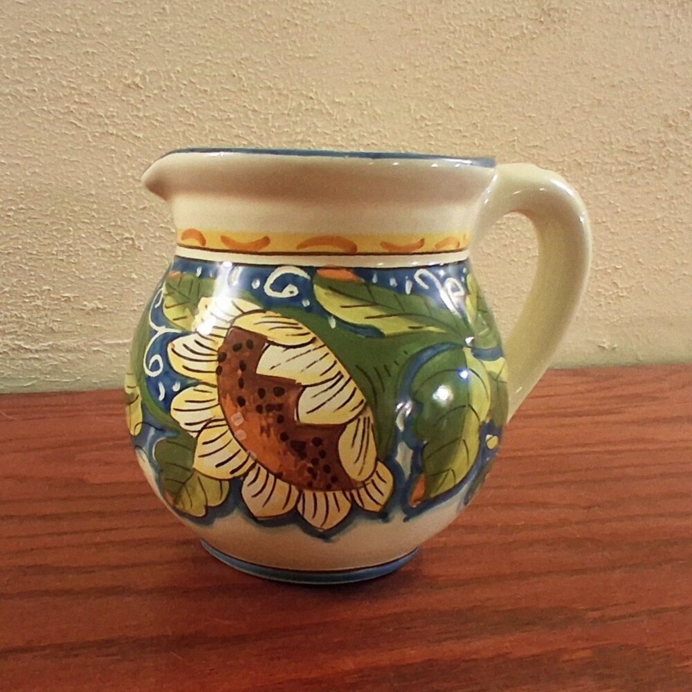 Pottery Pitcher Sunflower Italy Creamer Colorful Signed Small 5" Tall Italian